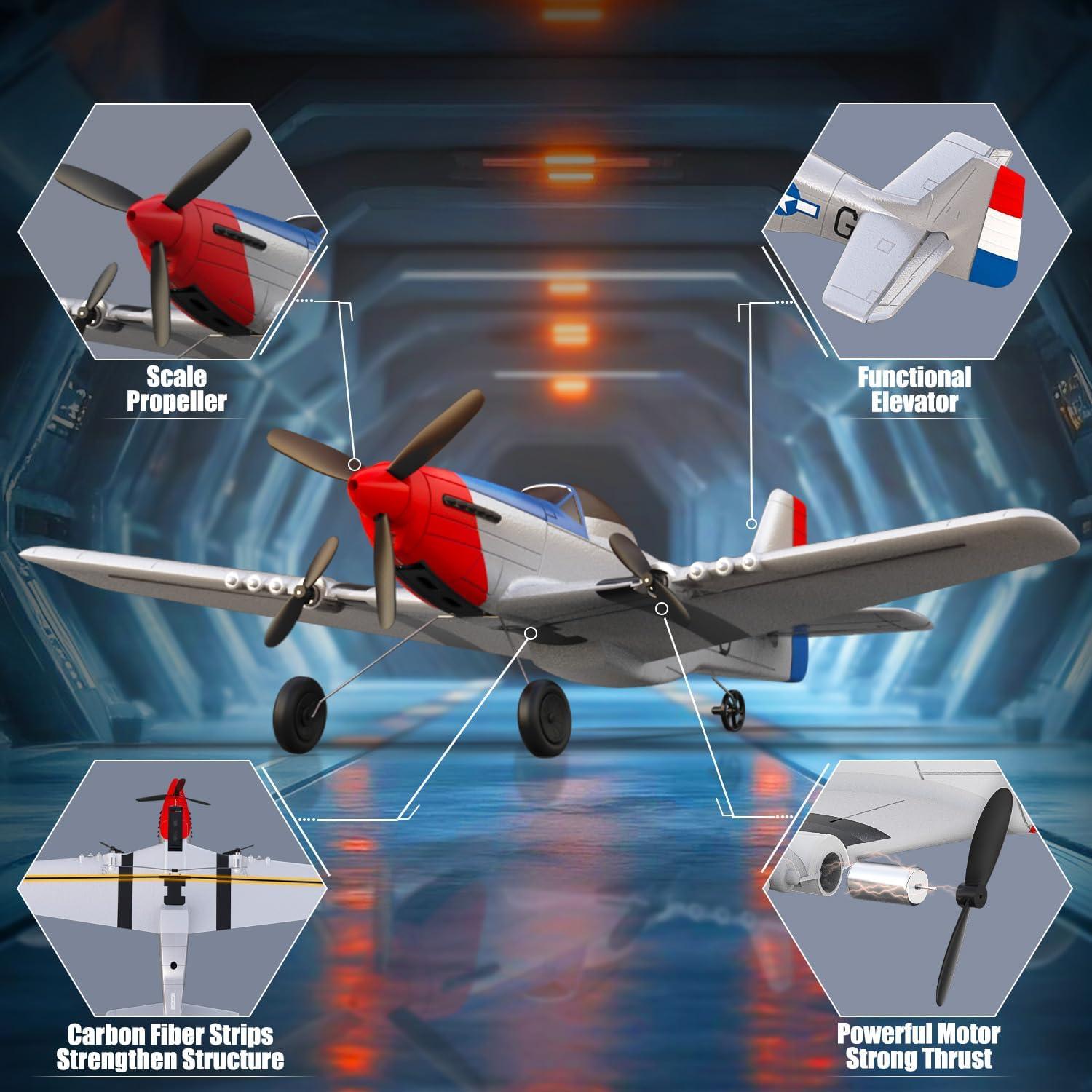 image:imagevolantexrc RC Plane 3 Channel Remote Control Plane Fighter Spitfire with 6axis Gyro 24GHz RTF Radio Controlled Aircraft Easy to Fly for Beginners Adults 76205 RTFP51D Mustang