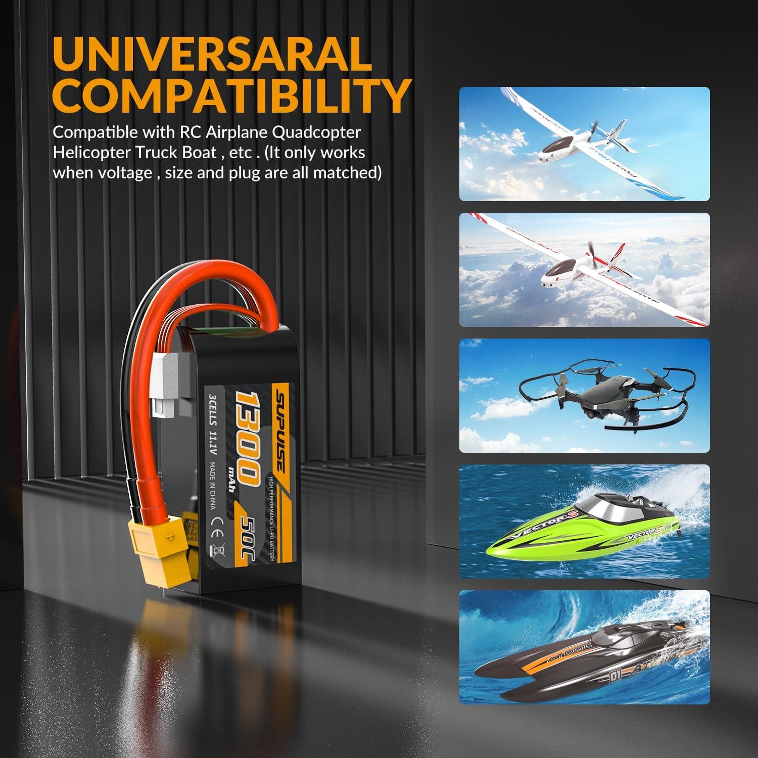 image:imageSUPULSE 111V 3S Lipo Battery 50C 1300mAh Soft Case Battery with T Plug and XT60 Plug for RC Airplane Helicopter RC Boat RC Car Truck2 Packs111V 1300mah