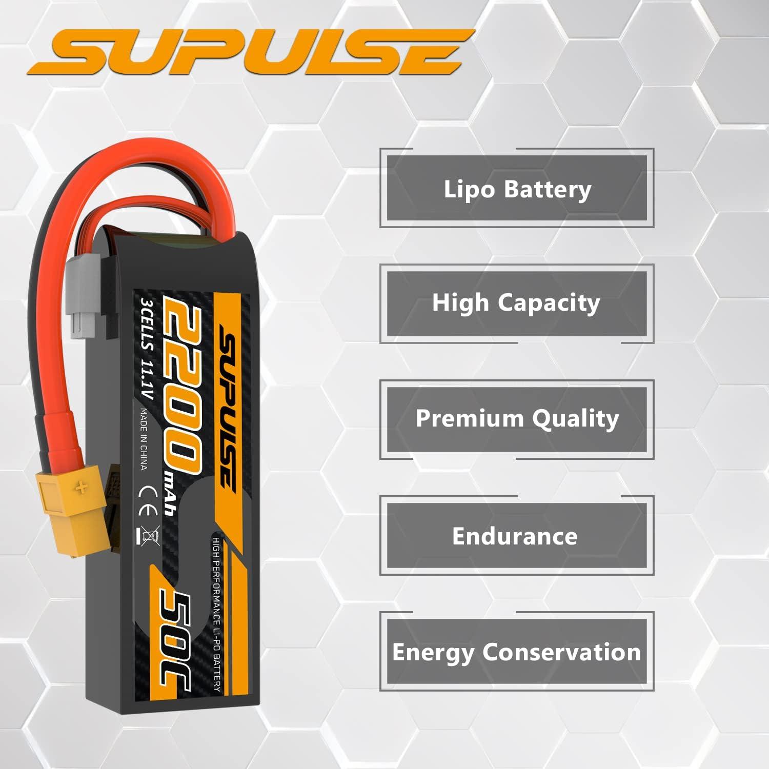 image:imageSUPULSE 111V 3S Lipo Battery 50C 1300mAh Soft Case Battery with T Plug and XT60 Plug for RC Airplane Helicopter RC Boat RC Car Truck2 Packs111V 2200mah