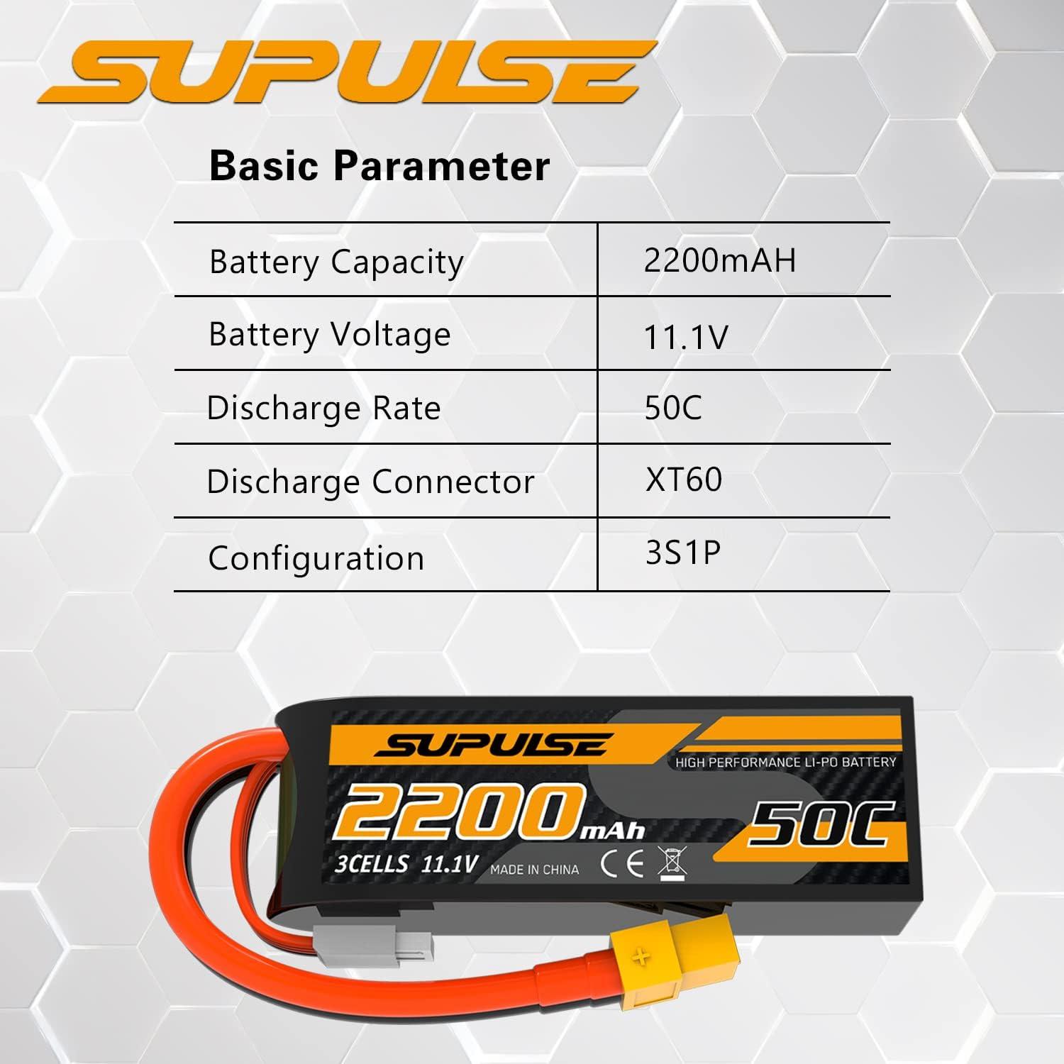 image:imageSUPULSE 111V 3S Lipo Battery 50C 1300mAh Soft Case Battery with T Plug and XT60 Plug for RC Airplane Helicopter RC Boat RC Car Truck2 Packs111V 2200mah