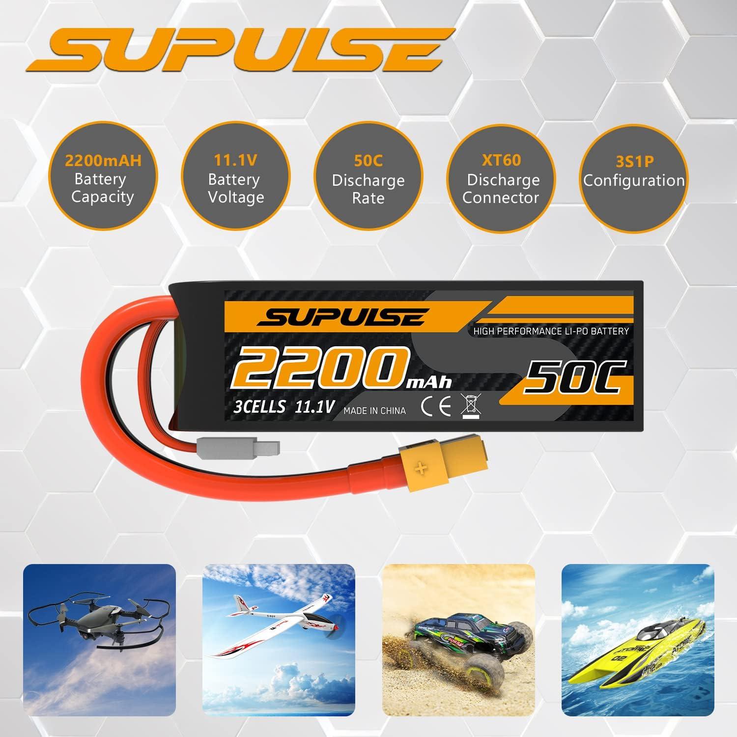 image:imageSUPULSE 111V 3S Lipo Battery 50C 1300mAh Soft Case Battery with T Plug and XT60 Plug for RC Airplane Helicopter RC Boat RC Car Truck2 Packs111V 2200mah