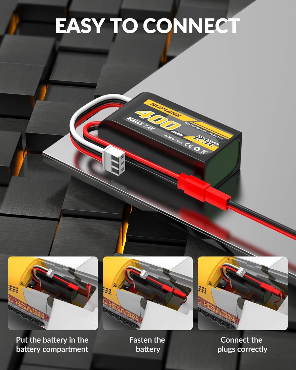 image:imageSUPULSE 74v 400mah Lipo RC Battery with JST Connector 25C High Discharge Rate 2S Lipo Battery Compatible with for 7682 P51D RC PlaneCarTruckHelicopter2 Packs