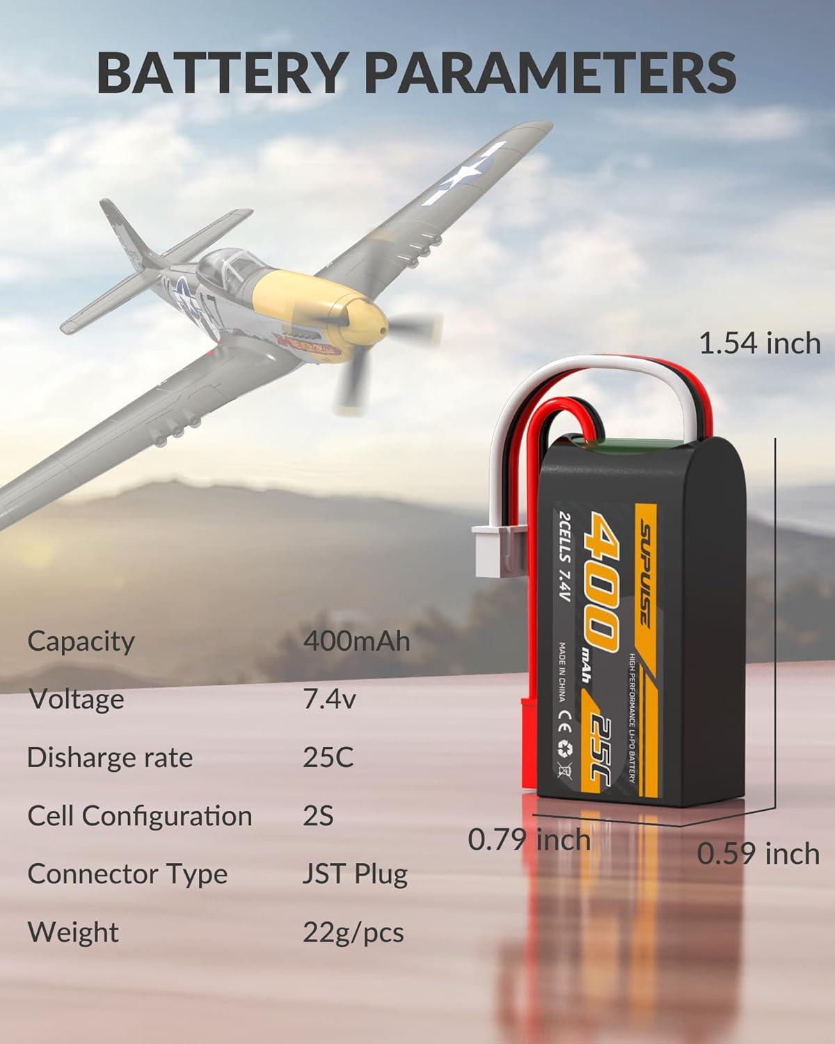 image:imageSUPULSE 74v 400mah Lipo RC Battery with JST Connector 25C High Discharge Rate 2S Lipo Battery Compatible with for 7682 P51D RC PlaneCarTruckHelicopter2 Packs