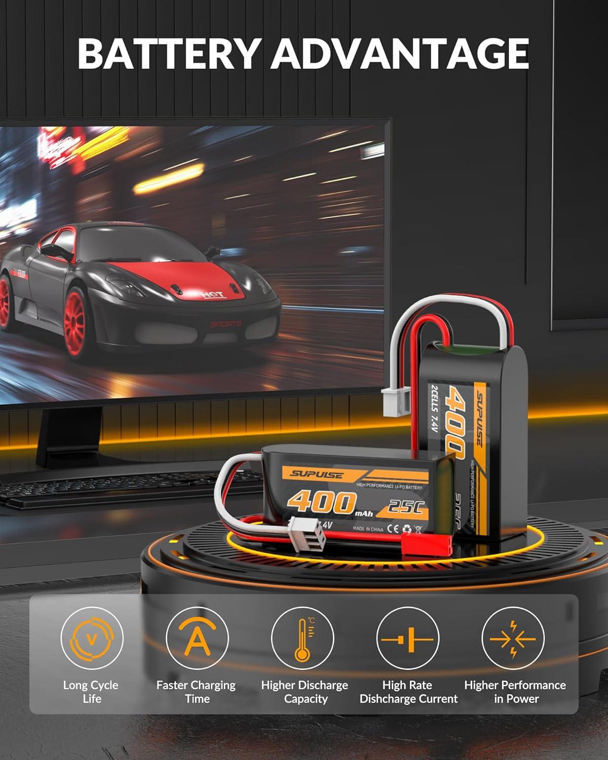 image:imageSUPULSE 74v 400mah Lipo RC Battery with JST Connector 25C High Discharge Rate 2S Lipo Battery Compatible with for 7682 P51D RC PlaneCarTruckHelicopter2 Packs