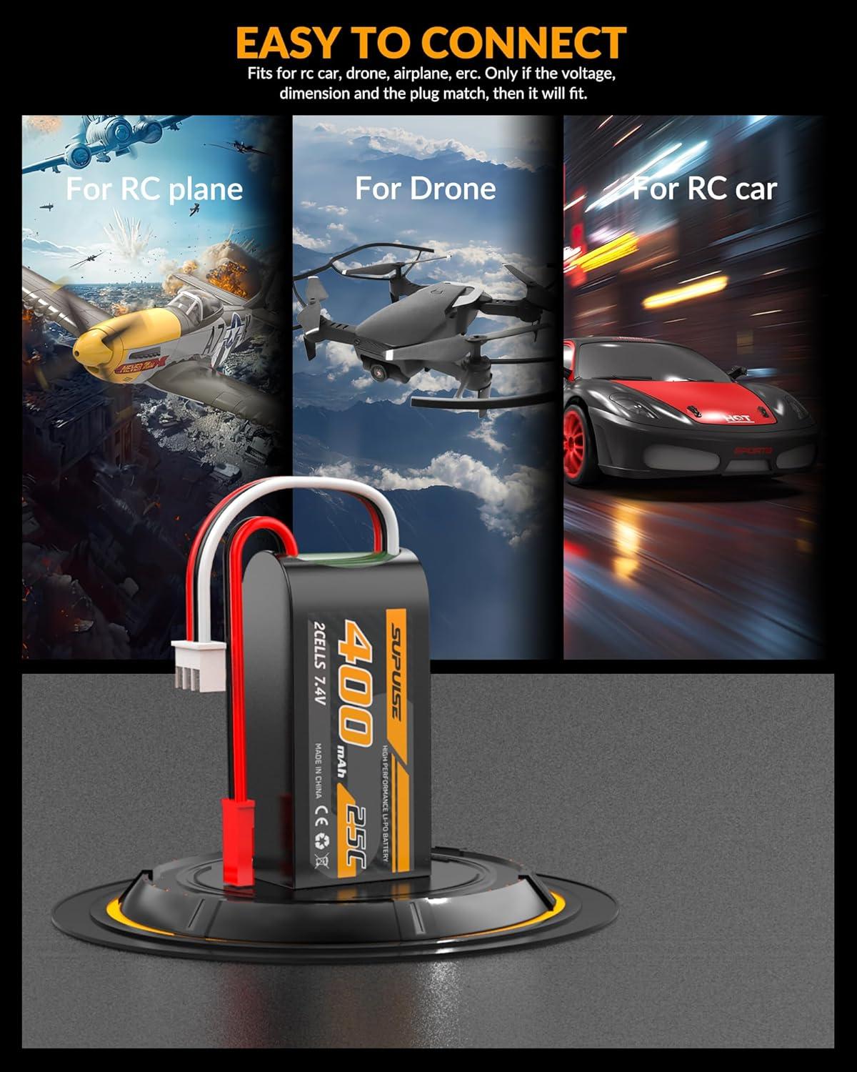 image:imageSUPULSE 74v 400mah Lipo RC Battery with JST Connector 25C High Discharge Rate 2S Lipo Battery Compatible with for 7682 P51D RC PlaneCarTruckHelicopter2 Packs