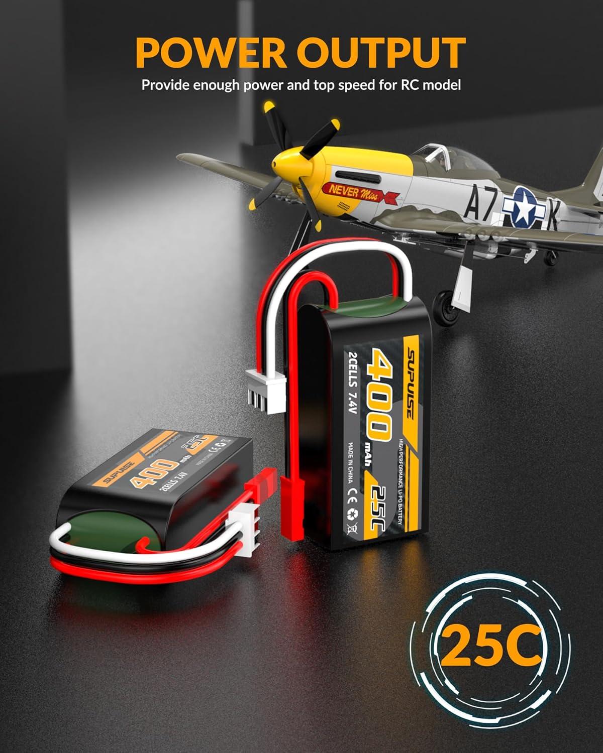 image:imageSUPULSE 74v 400mah Lipo RC Battery with JST Connector 25C High Discharge Rate 2S Lipo Battery Compatible with for 7682 P51D RC PlaneCarTruckHelicopter2 Packs