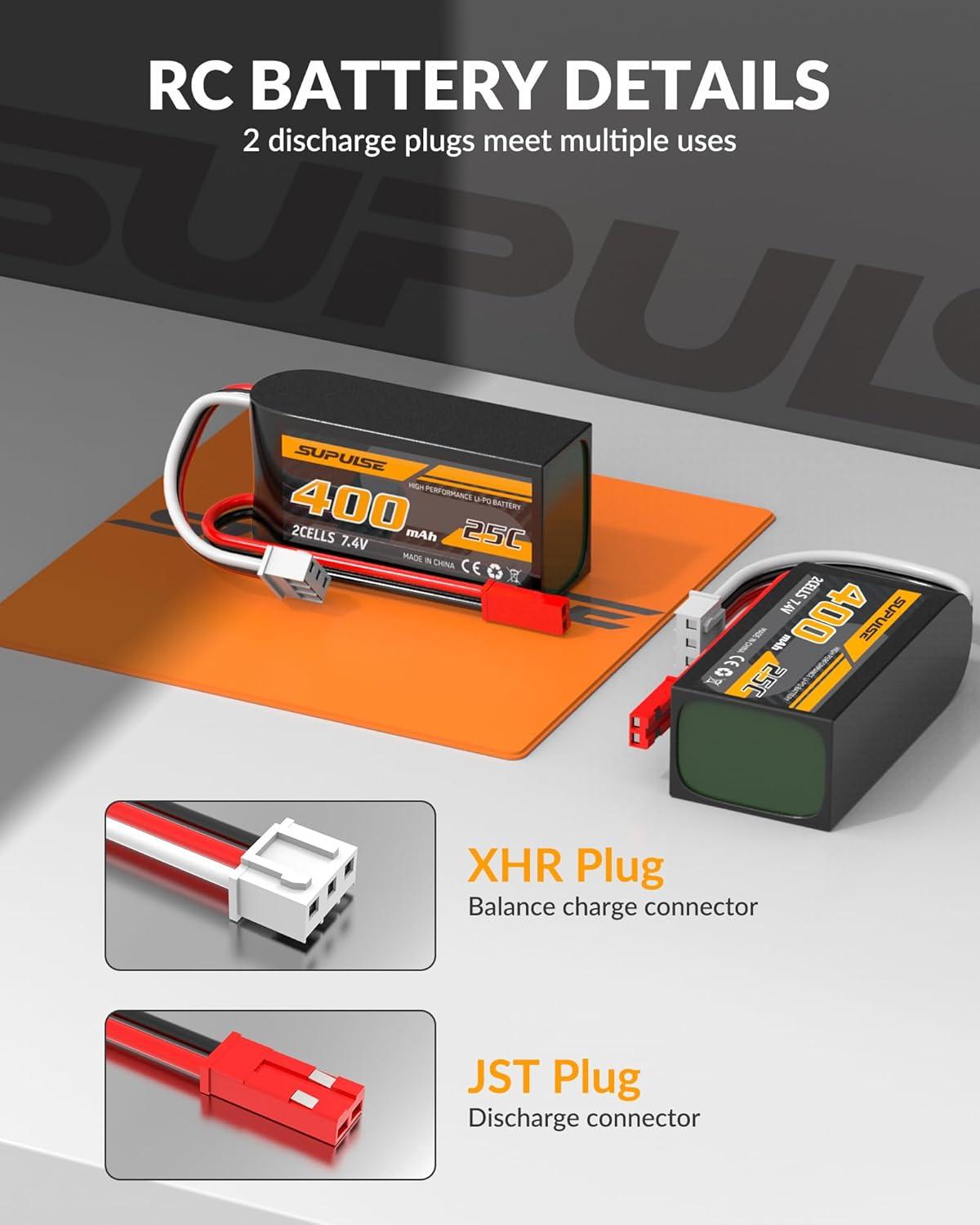 image:imageSUPULSE 74v 400mah Lipo RC Battery with JST Connector 25C High Discharge Rate 2S Lipo Battery Compatible with for 7682 P51D RC PlaneCarTruckHelicopter2 Packs