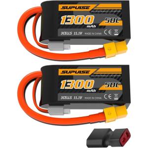 SUPULSE 11.1V 3S Lipo Battery 50C 1300mAh Soft Case Battery with T Plug and XT60 Plug for RC Airplane Helicopter RC Boat RC Car Truck(2 Packs)(11.1V 1300mah)