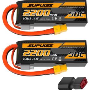 SUPULSE 11.1V 3S Lipo Battery 50C 1300mAh Soft Case Battery with T Plug and XT60 Plug for RC Airplane Helicopter RC Boat RC Car Truck(2 Packs)(11.1V 2200mah)