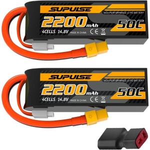 SUPULSE 11.1V 3S Lipo Battery 50C 1300mAh Soft Case Battery with T Plug and XT60 Plug for RC Airplane Helicopter RC Boat RC Car Truck(2 Packs)(14.8V 2200mah)