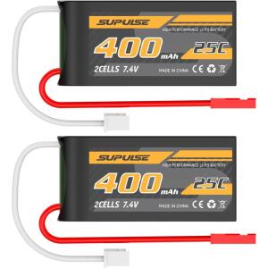 SUPULSE 7.4v 400mah Lipo RC Battery with JST Connector 25C High Discharge Rate 2S Lipo Battery Compatible with for 768-2 P51D RC Plane/Car/Truck/Helicopter(2 Packs)