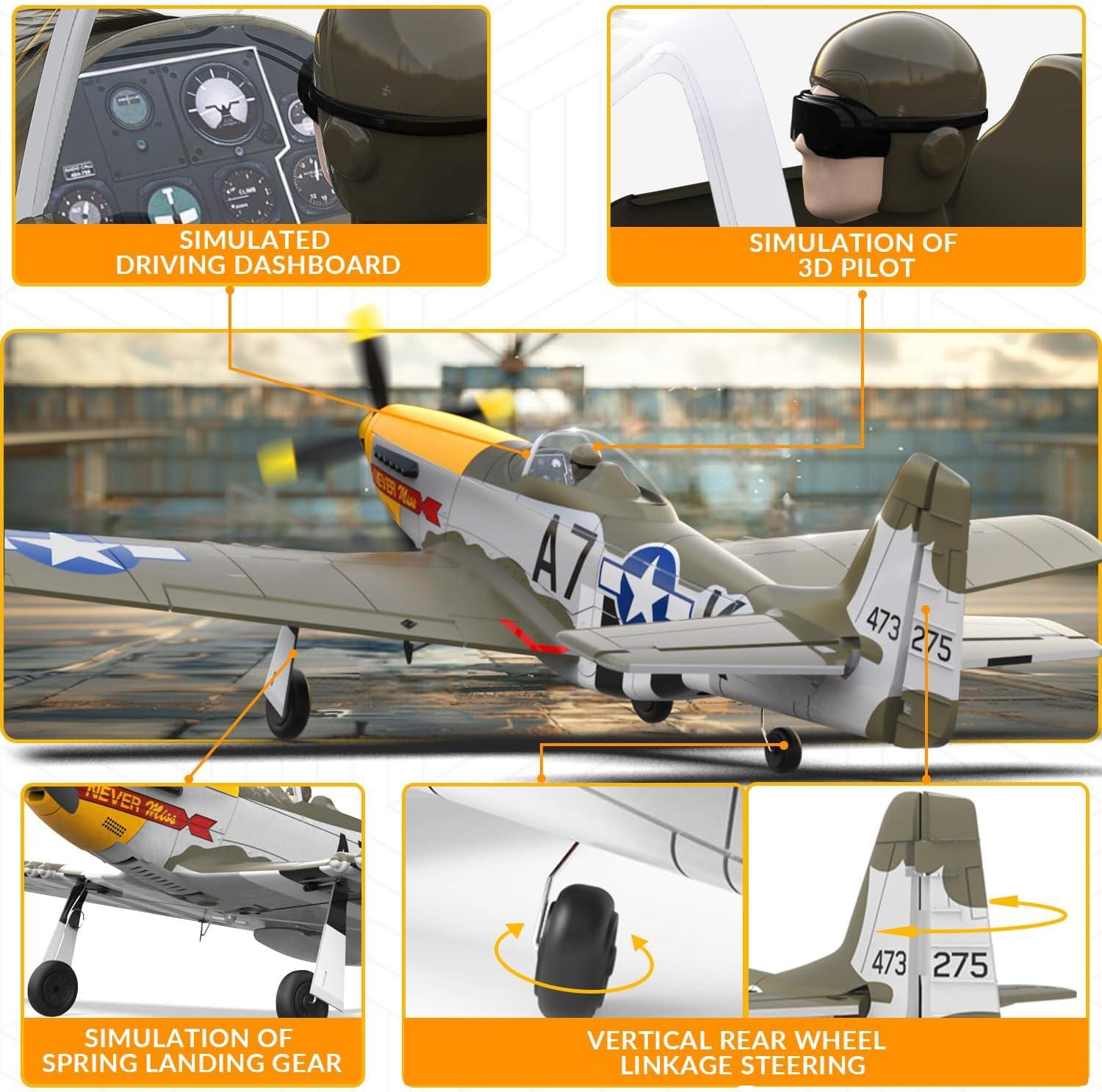 image:imagevolantexrc Brushless 4CH RC Plane P51D Mustang 500mm Remote Control Airplane Fighter RTF with 6Axis Gyro 3 Modes amp Aerobatics 24GHz Radio Controlled Aircraft for Beginners amp Adults amp Propellers