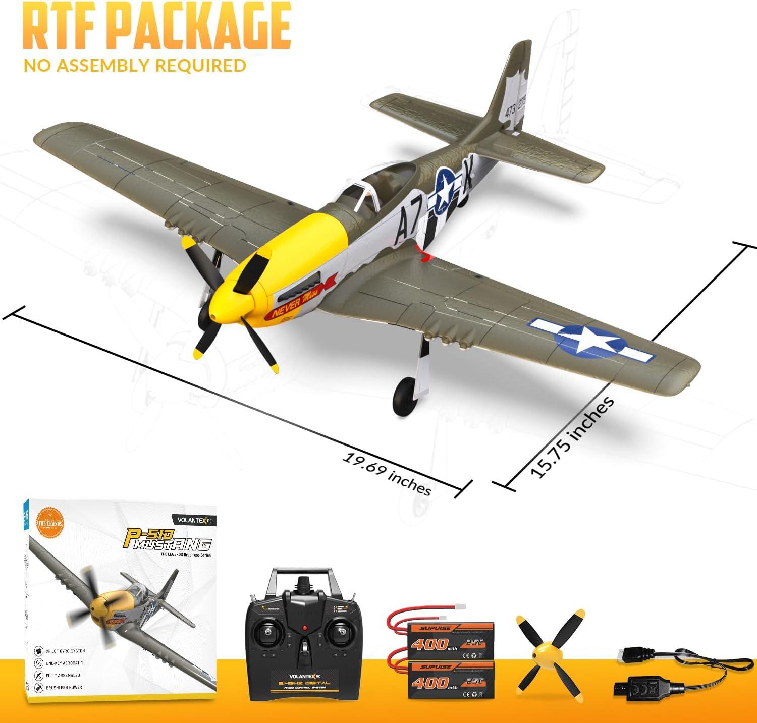 image:imagevolantexrc Brushless 4CH RC Plane P51D Mustang 500mm Remote Control Airplane Fighter RTF with 6Axis Gyro 3 Modes amp Aerobatics 24GHz Radio Controlled Aircraft for Beginners amp Adults amp Propellers