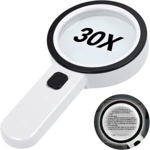 VOLANTEXRC Magnifying Glass with Light, Handheld Magnifying Glass 30X 12 LED Lighted Magnifier Illuminated Magnifying Glass for Low Vision Seniors Reading, Soldering, Inspection, RC Plane Instructions(White)