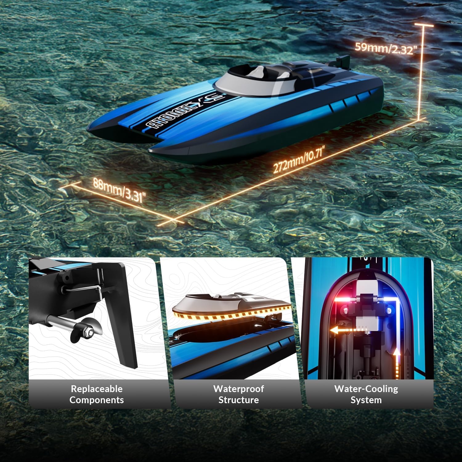 image:imageVOLANTEXRC Remote Control Boats for Pools and Lakes 30MPH AtomicXS High Speed RC Boat for Adults Toy Boat Gifts with 2 Batteries amp Reverse Function 7955 Deep BlueBlue